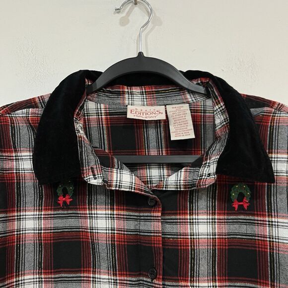 Basic Editions Holiday Women’s Plaid Button Up Shirt Embroidered Wreaths XL - Picture 5 of 6